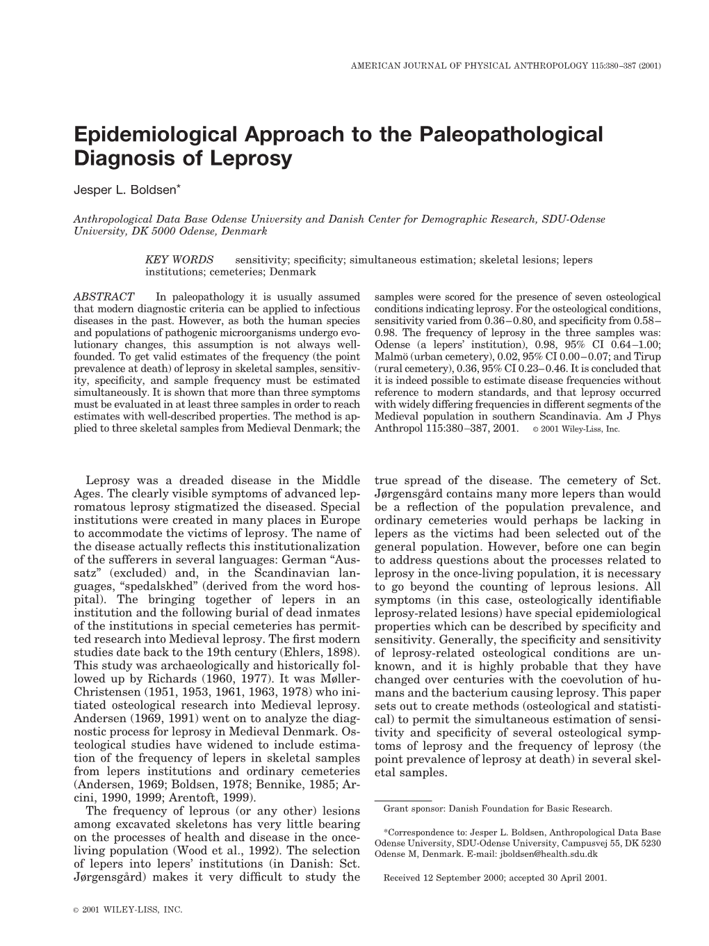 Epidemiological Approach to the Paleopathological Diagnosis of Leprosy