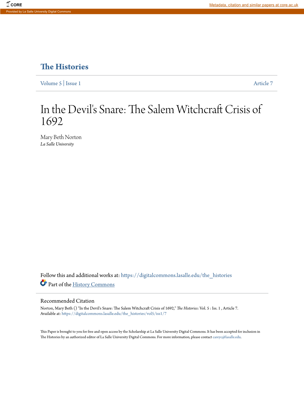 In the Devil's Snare: the Ales M Witchcraft Rc Isis of 1692 Mary Beth Norton La Salle University