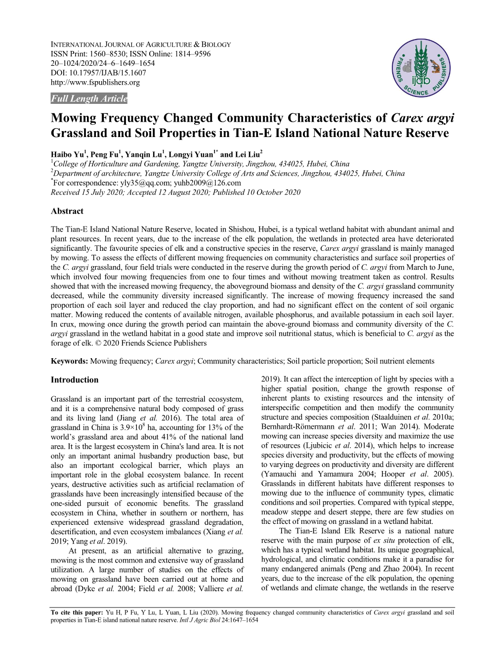 Mowing Frequency Changed Community Characteristics of Carex Argyi Grassland and Soil Properties in Tian-E Island National Nature Reserve