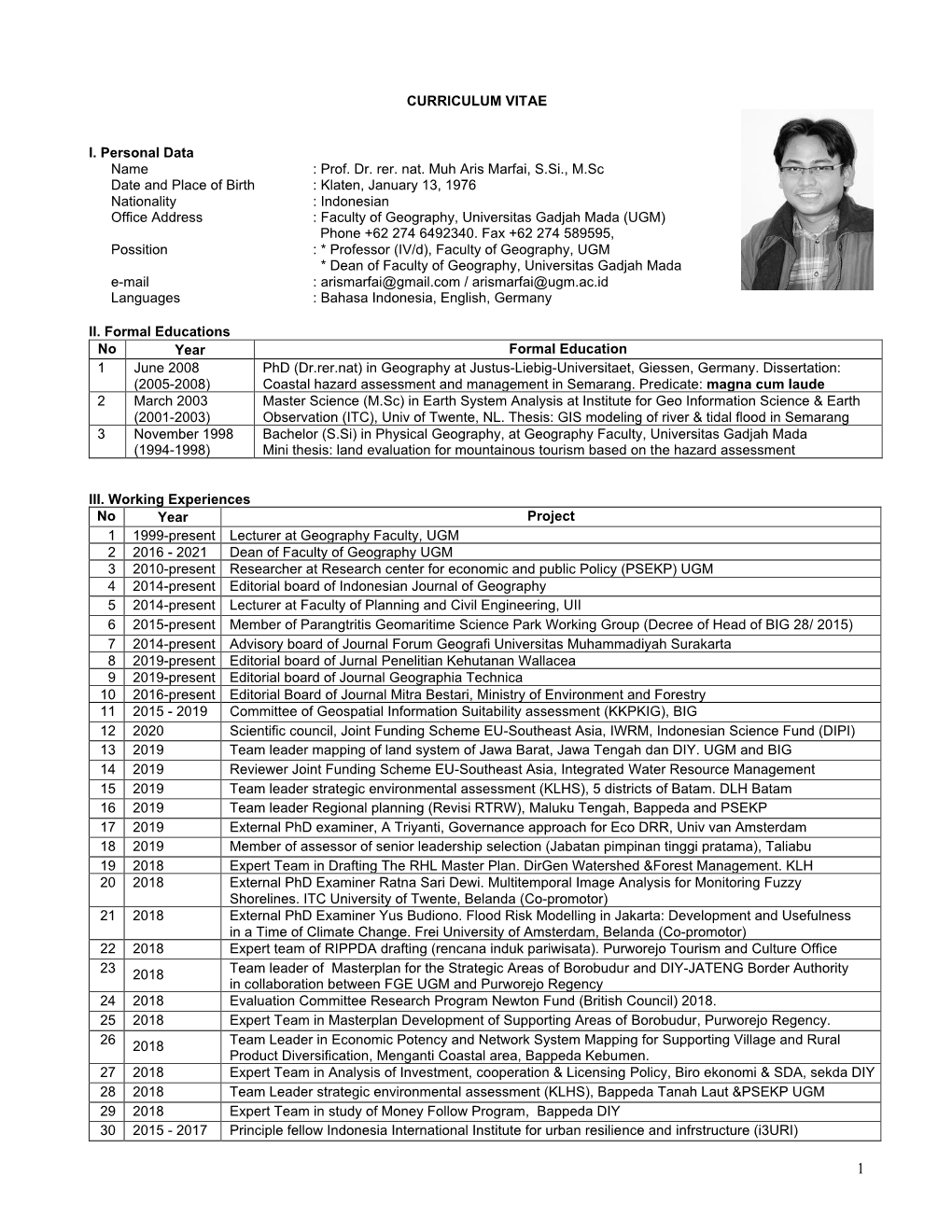 Prof. Dr. Rer. Nat. Muh Aris Marfai, S.Si., M.Sc Date and Place of Birth