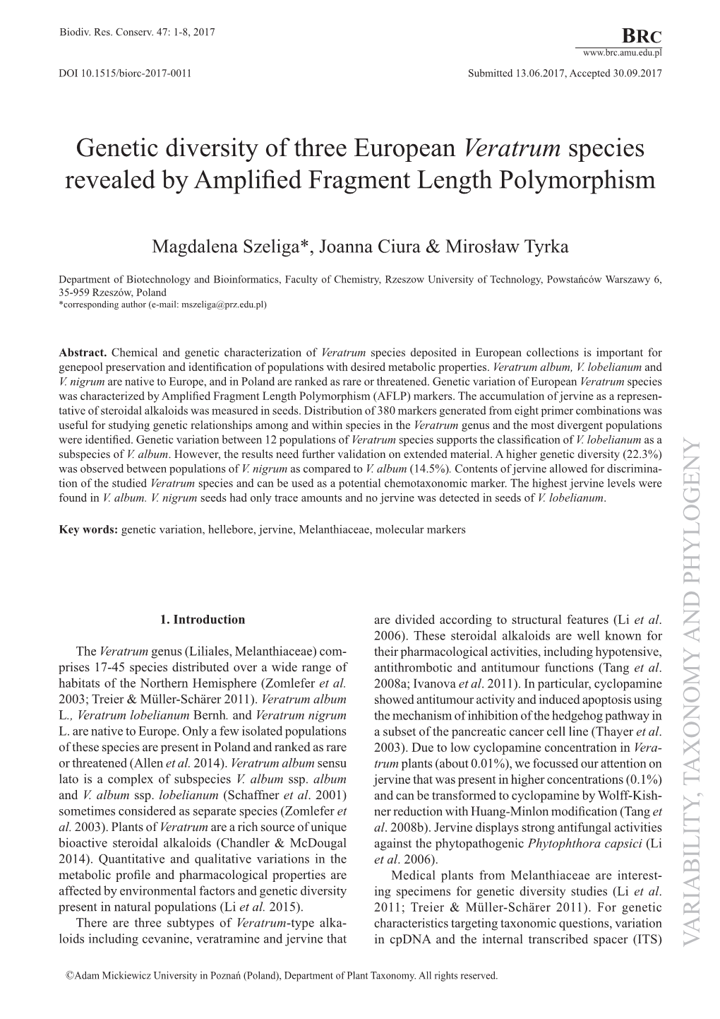 Genetic Diversity of Three European Veratrum Species Revealed by Amplified Fragment Length Polymorphism