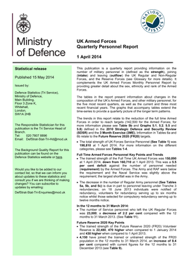 UK Armed Forces Quarterly Personnel Report 1 April 2014