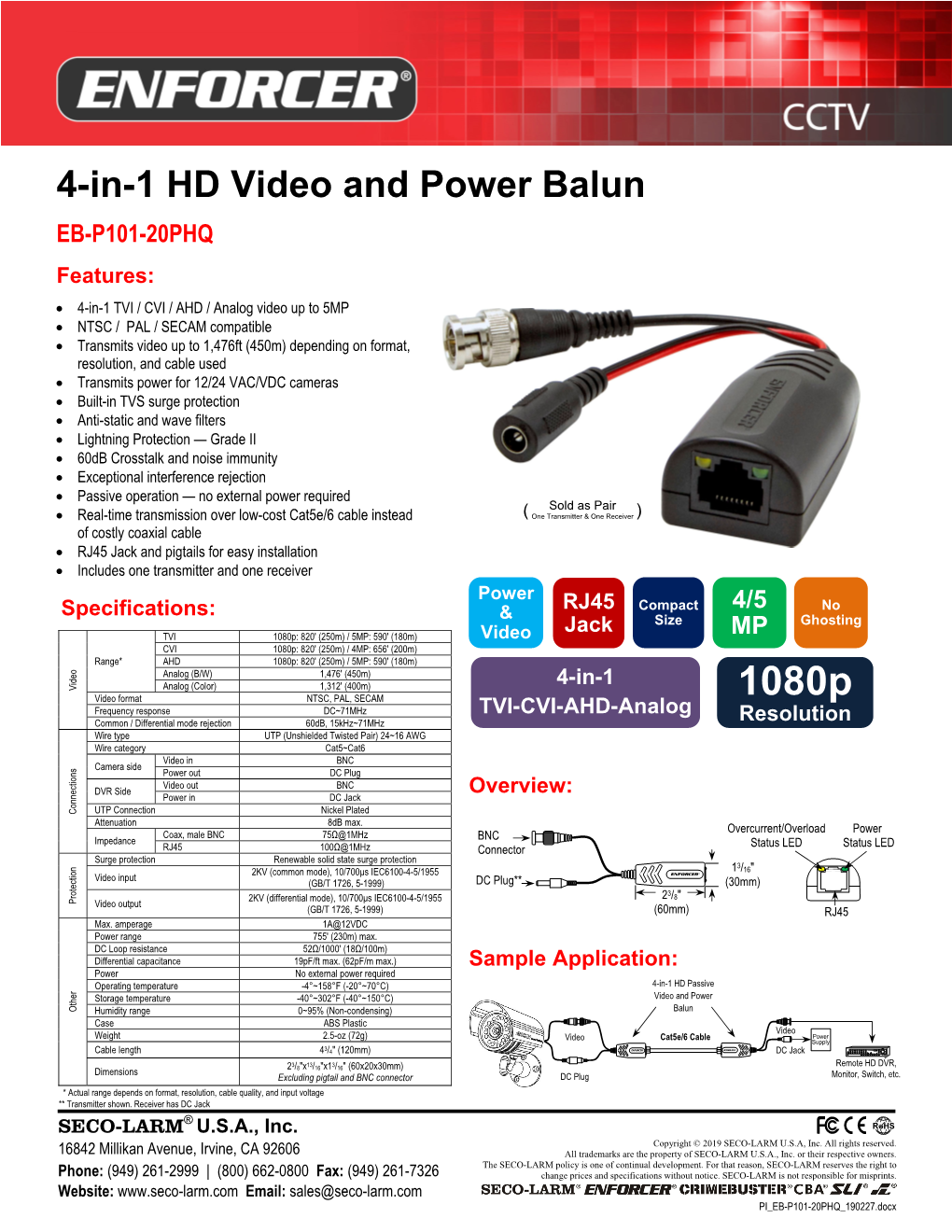 Seco-Larm Enforcer EB-P101-20PHQ 4-In-1 HD Video and Power Balun