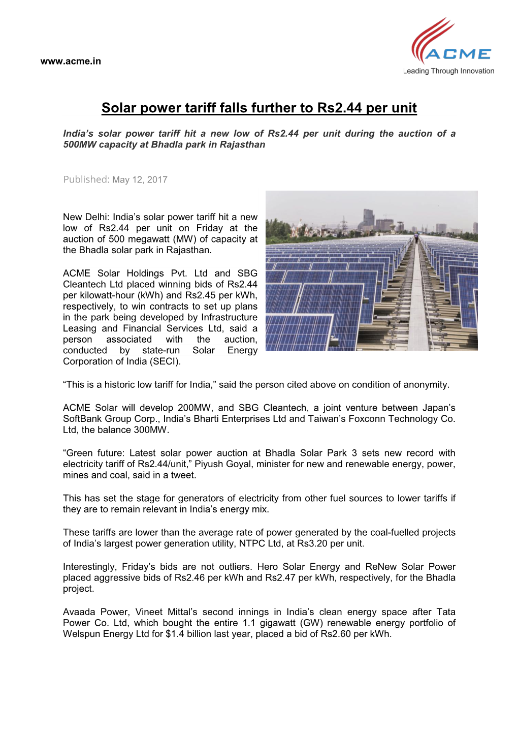 Solar Power Tariff Falls Further to Rs2.44 Per Unit