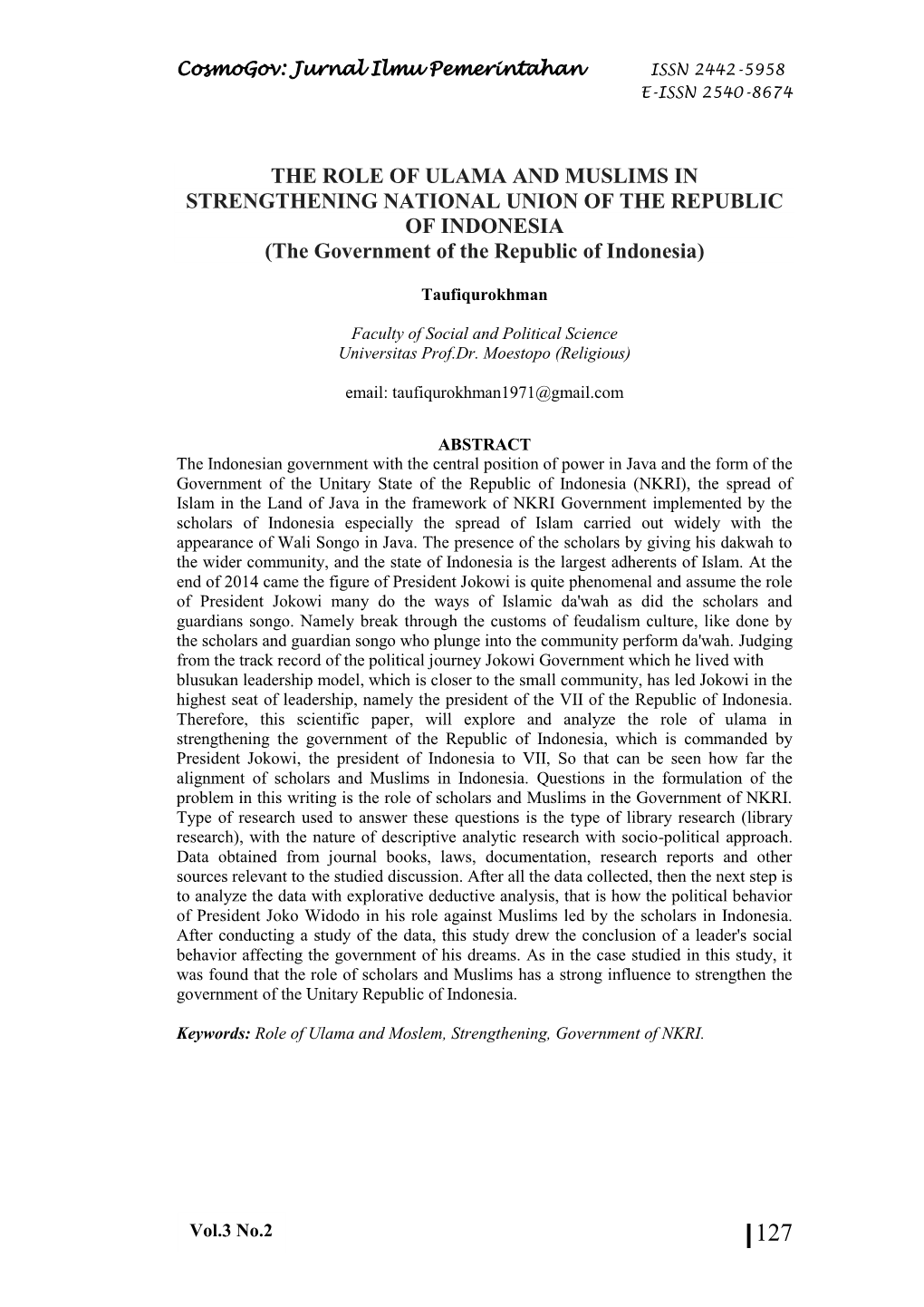 THE ROLE of ULAMA and MUSLIMS in STRENGTHENING NATIONAL UNION of the REPUBLIC of INDONESIA (The Government of the Republic of Indonesia)