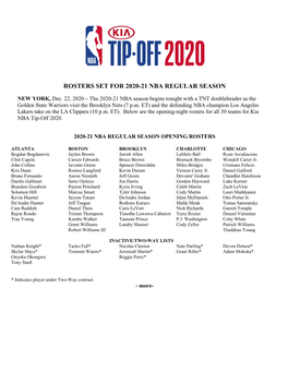 2020-21 Opening Day Rosters 12-22-20