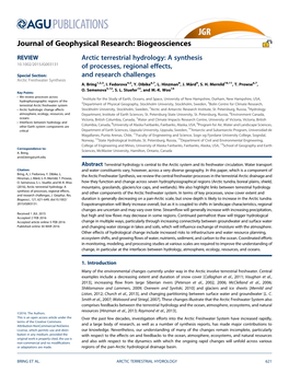 Arctic Terrestrial Hydrology: a Synthesis 10.1002/2015JG003131 of Processes, Regional Effects, Special Section: and Research Challenges Arctic Freshwater Synthesis A