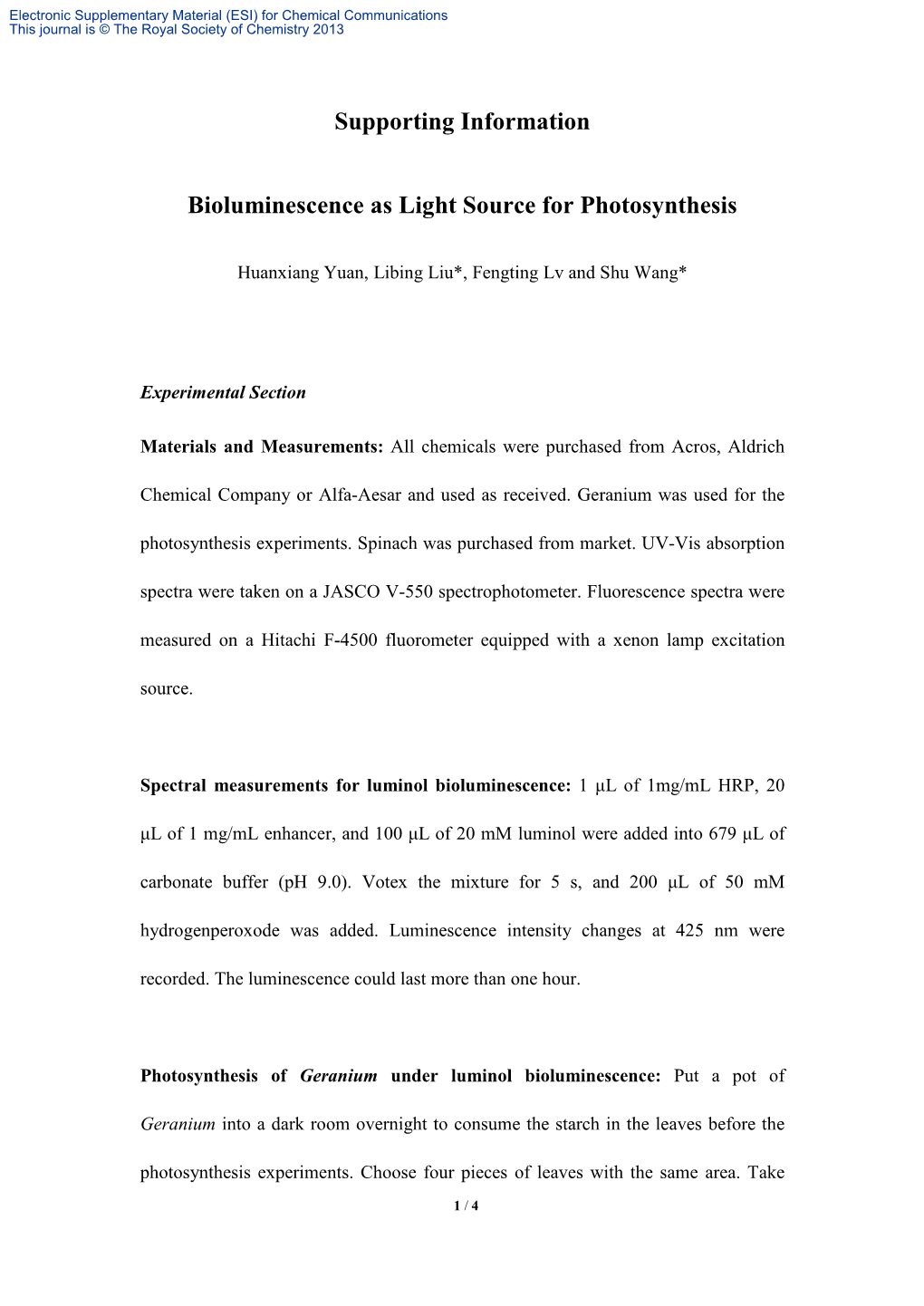 Supporting Information Bioluminescence As Light Source for Photosynthesis