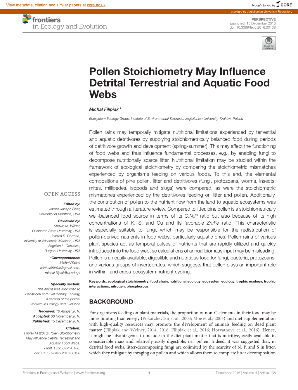 Pollen Stoichiometry May Influence Detrital Terrestrial and Aquatic