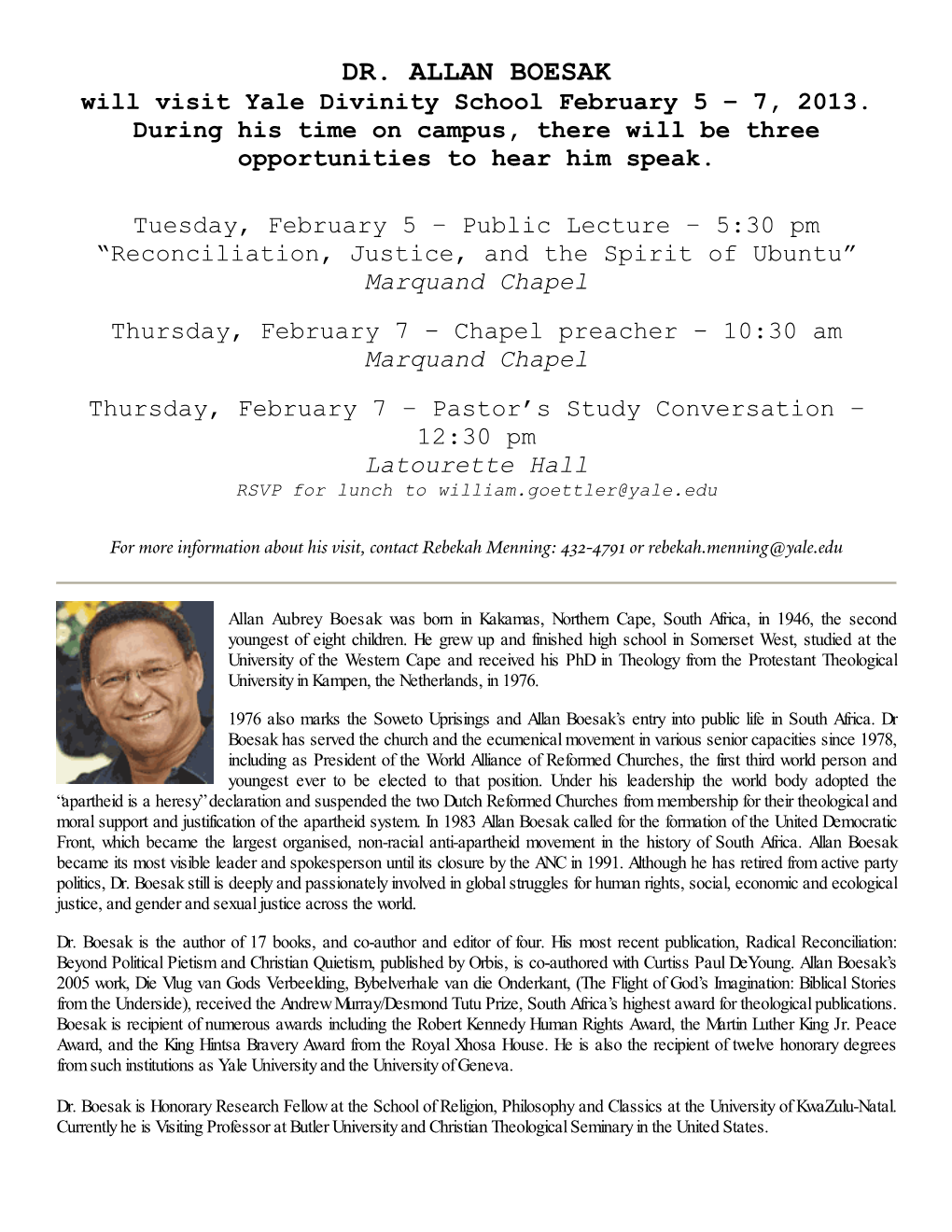 DR. ALLAN BOESAK Will Visit Yale Divinity School February 5 – 7, 2013
