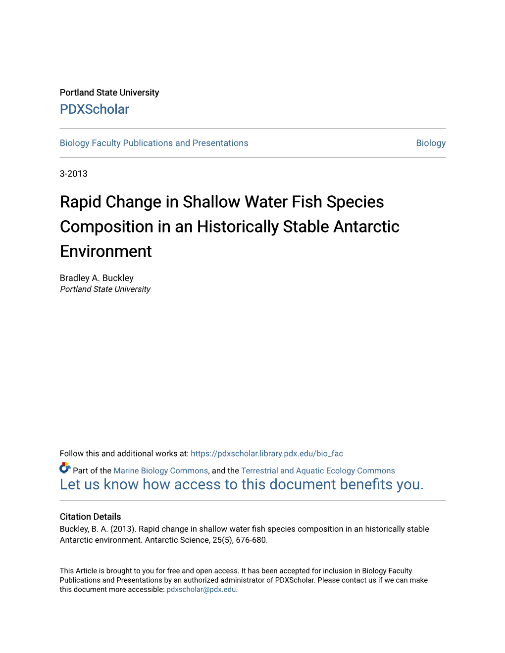 Rapid Change in Shallow Water Fish Species Composition in an Historically Stable Antarctic Environment