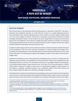 Venezuela: a Path out of Misery Dany Bahar, Ted Piccone, and Harold Trinkunas