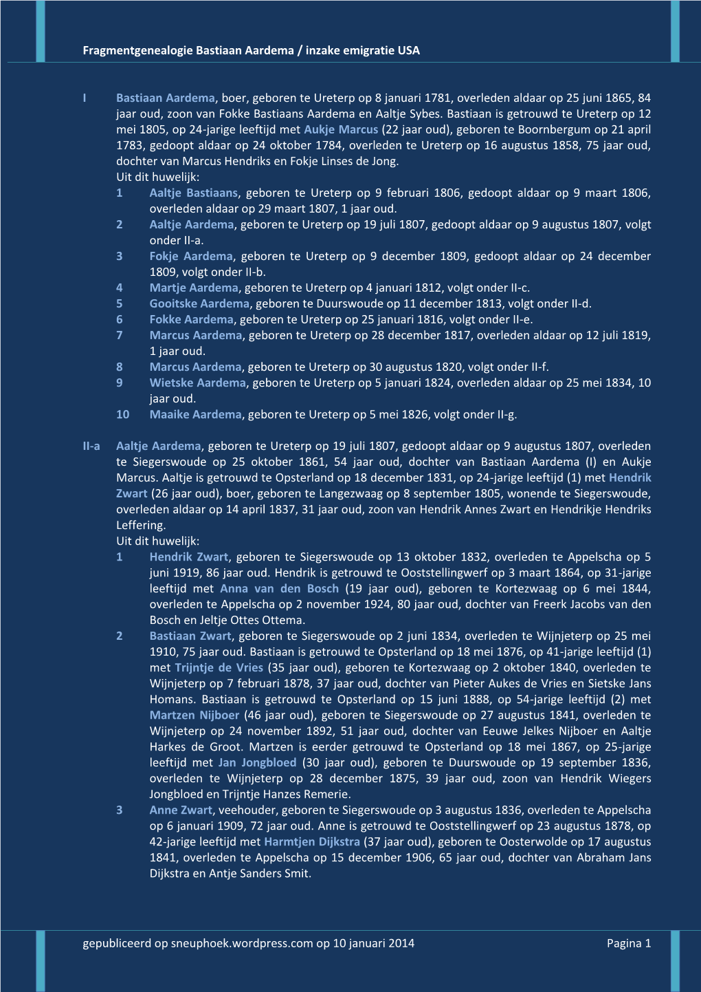 Fragmentgenealogie Bastiaan Aardema / Inzake Emigratie USA Gepubliceerd Op Sneuphoek.Wordpress.Com Op 10 Januari 2014 Pagina