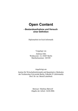 Open Content - Bestandsaufnahme Und Versuch Einer Definition