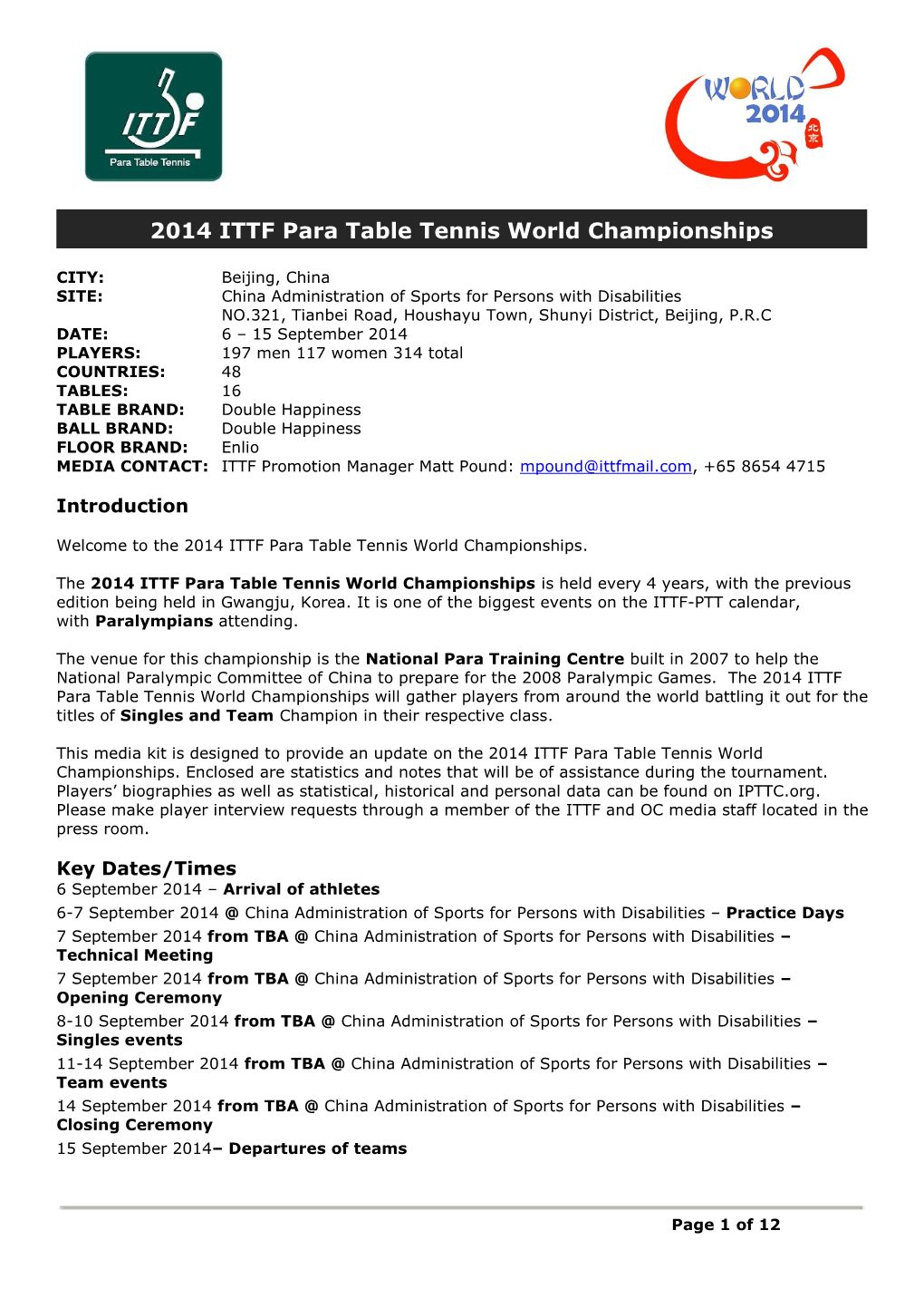 Media Kit 2014 ITTF Para Table Tennis World Championships