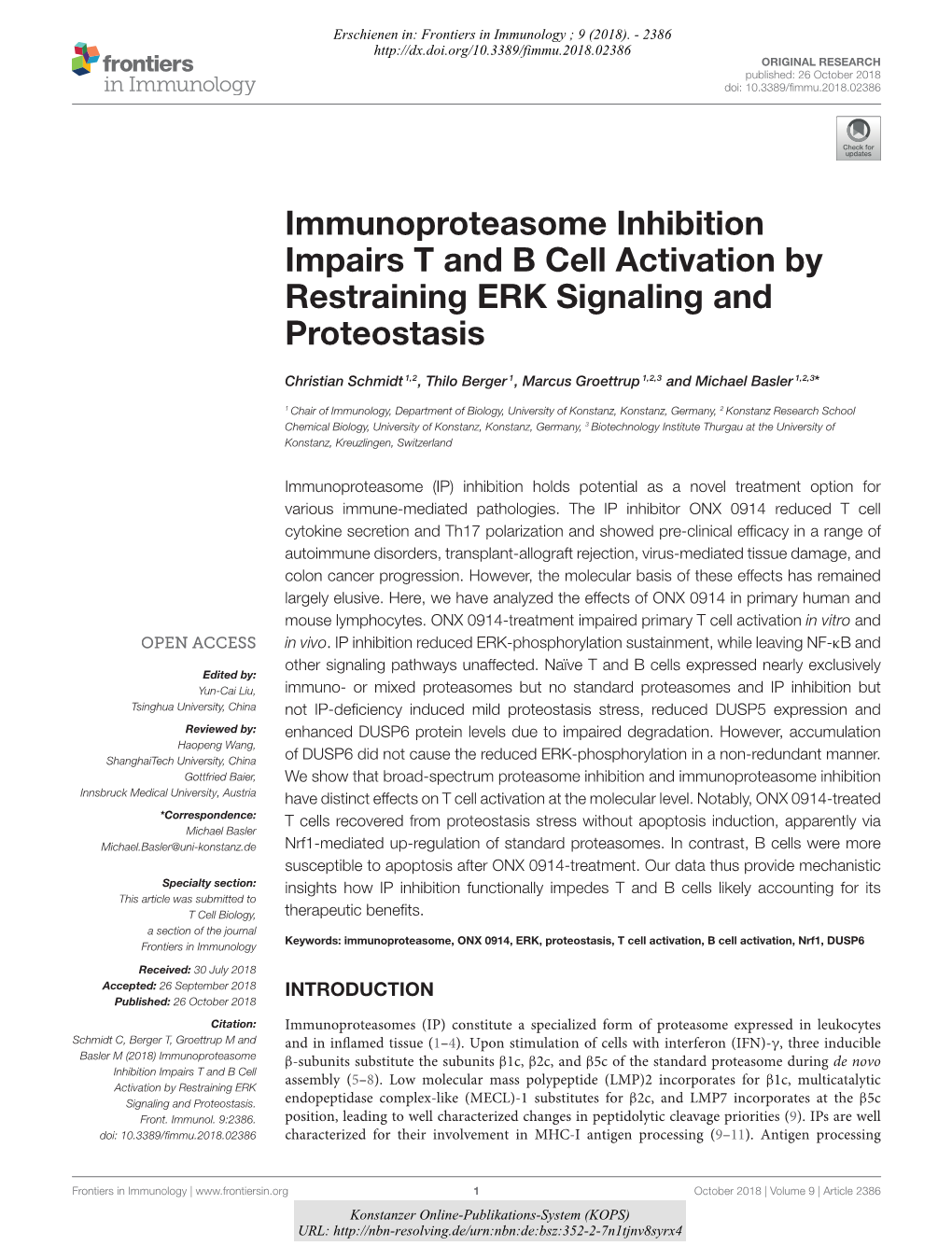 Immunoproteasome Inhibition Impairs T and B Cell Activation by Restraining ERK Signaling and Proteostasis