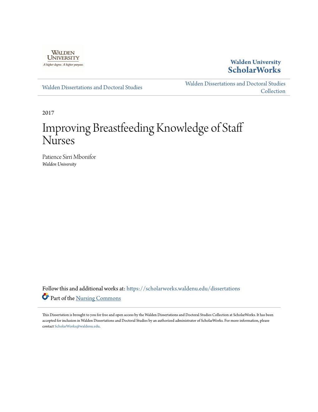 Improving Breastfeeding Knowledge of Staff Nurses Patience Sirri Mbonifor Walden University