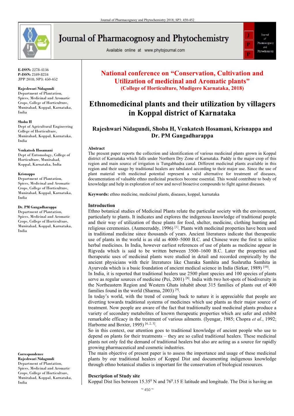 Ethnomedicinal Plants and Their Utilization by Villagers in Koppal District of Karnataka