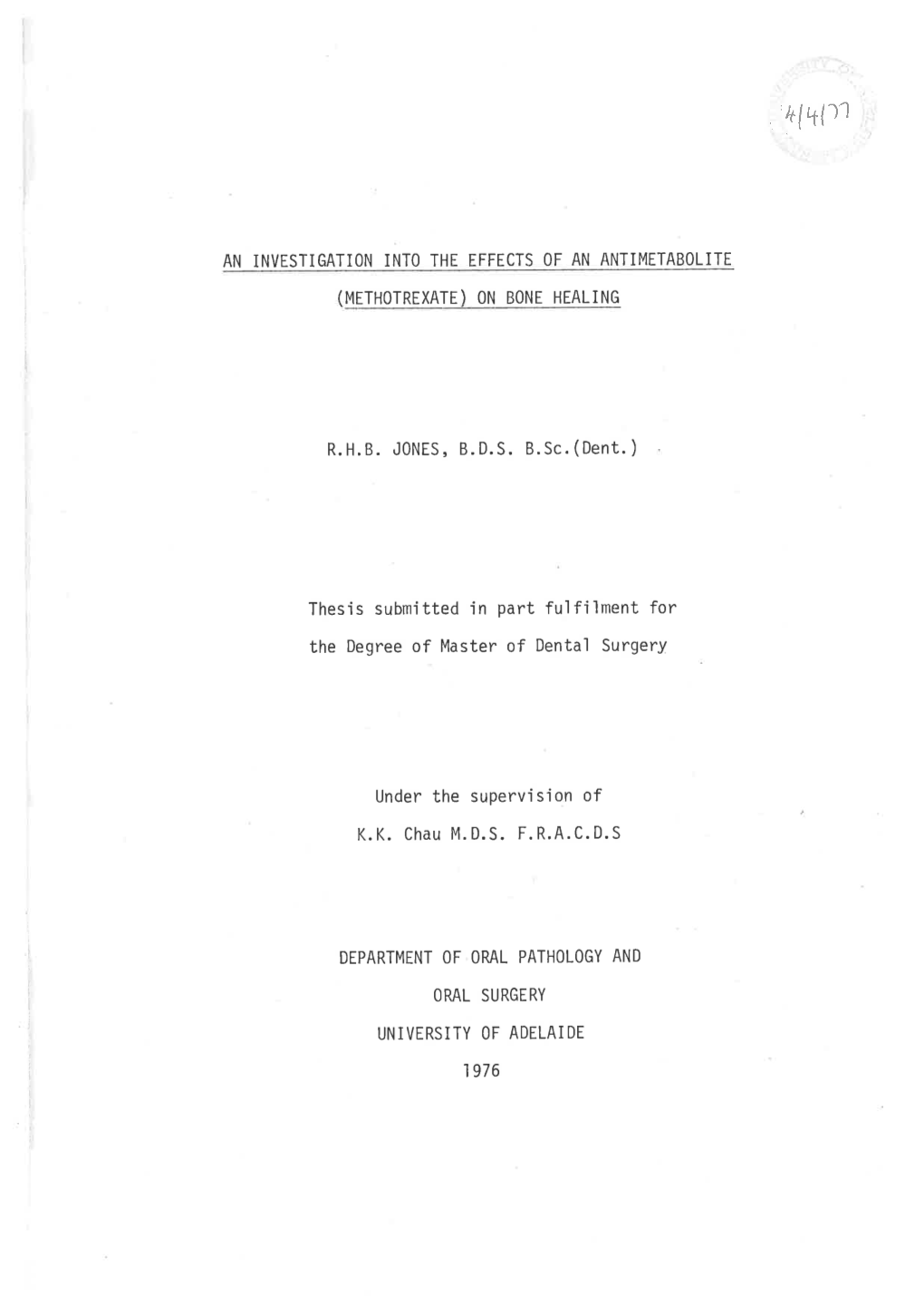 Thesis Submitted in Part Fulfilment for Under the Supervis'ion Of