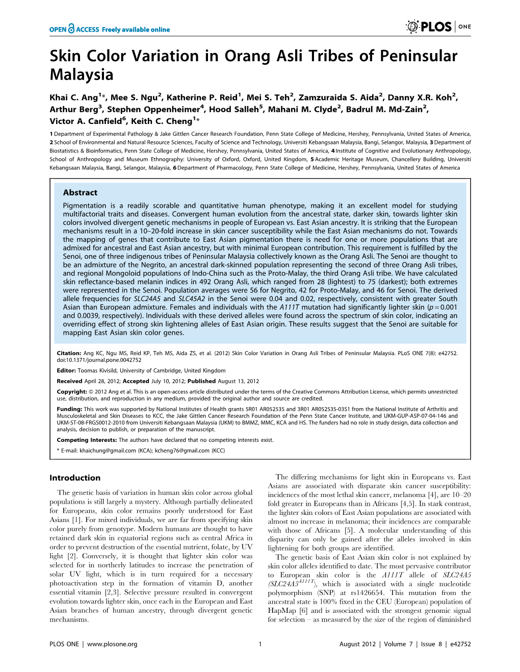 Skin Color Variation in Orang Asli Tribes of Peninsular Malaysia