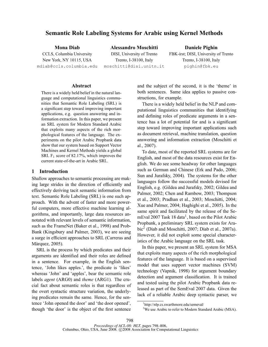 Semantic Role Labeling Systems for Arabic Using Kernel Methods