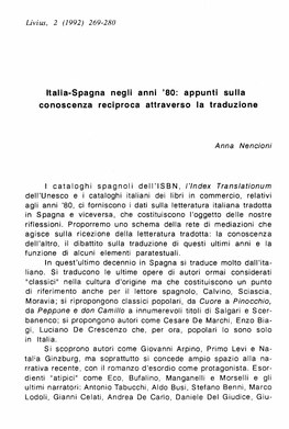 Italia-Spagna Negli Anni '80: Appunti Sulla Conoscenza Reciproca Attraverso La Traduzione