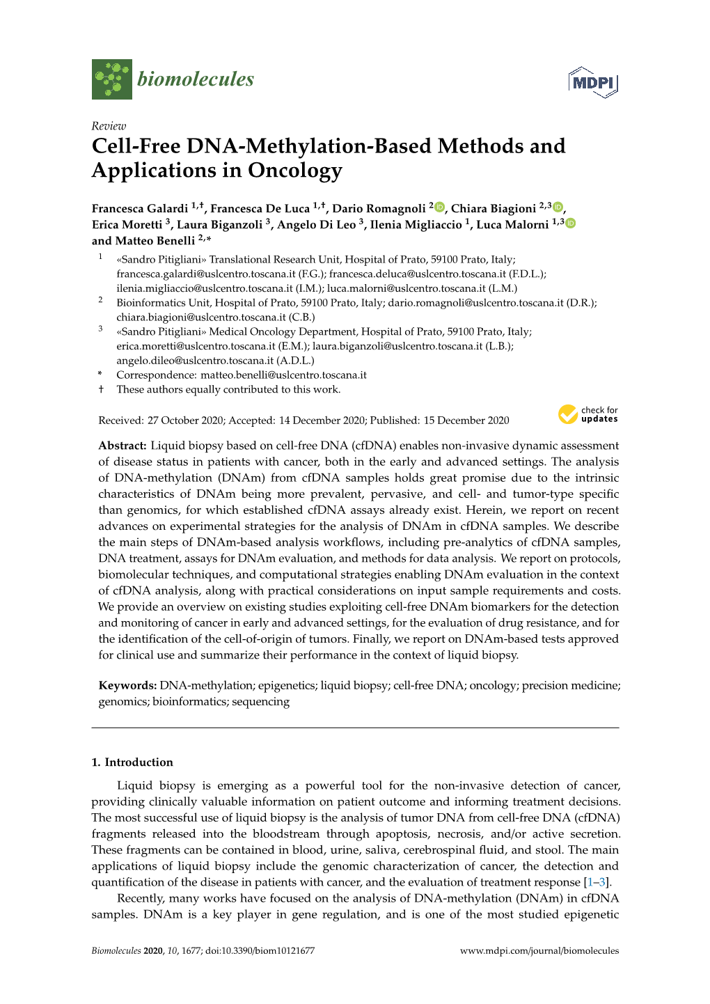 Cell-Free DNA-Methylation-Based Methods and Applications in Oncology