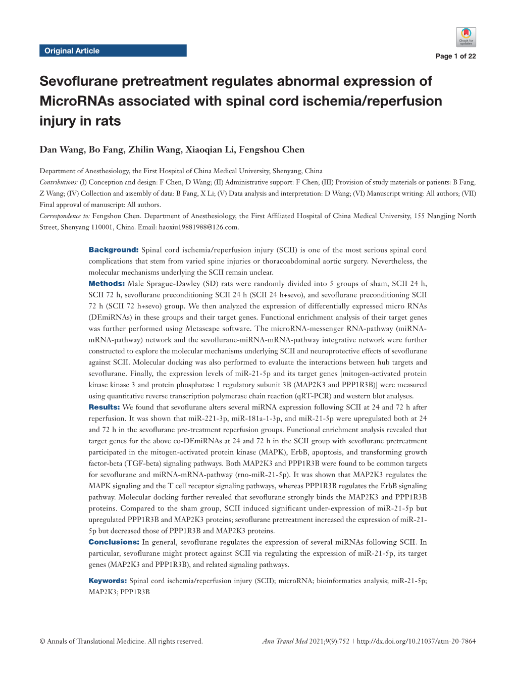 Sevoflurane Pretreatment Regulates Abnormal Expression of Micrornas Associated with Spinal Cord Ischemia/Reperfusion Injury in Rats