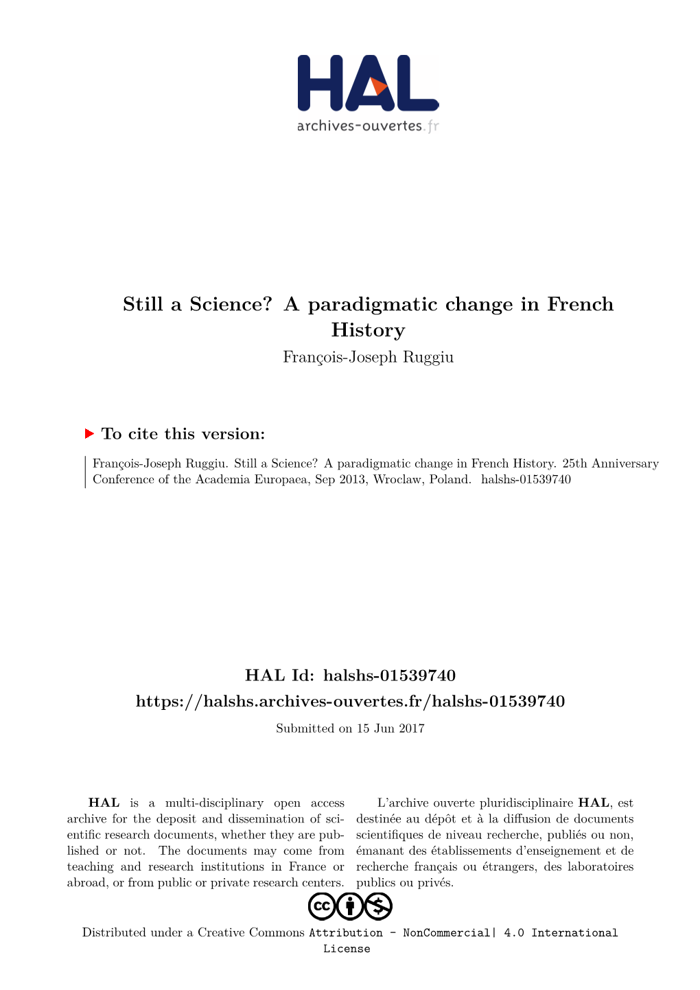 Still a Science? a Paradigmatic Change in French History François-Joseph Ruggiu
