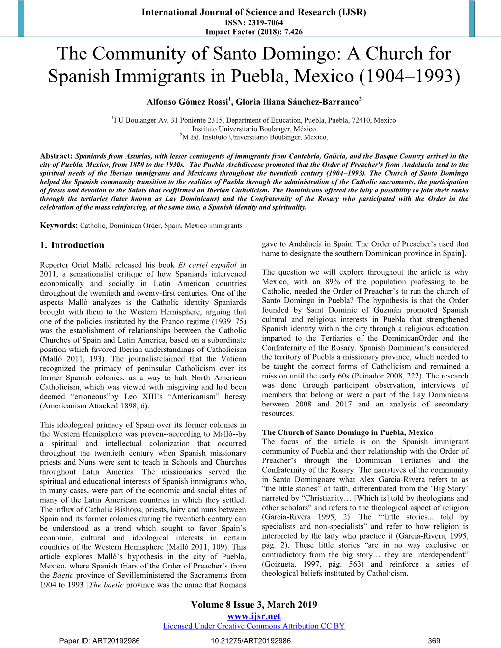 The Community of Santo Domingo: a Church for Spanish Immigrants in Puebla, Mexico (1904–1993)