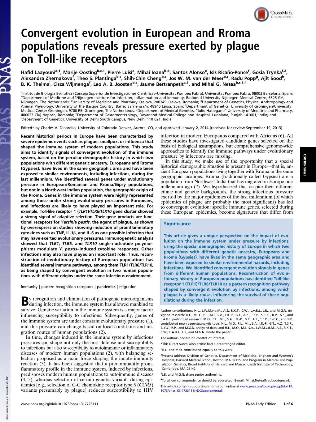 Convergent Evolution in European and Rroma Populations Reveals Pressure Exerted by Plague on Toll-Like Receptors