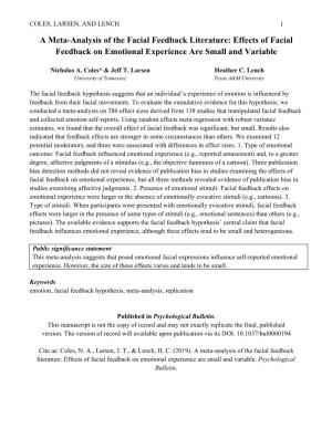 A Meta-Analysis of the Facial Feedback Literature: Effects of Facial Feedback on Emotional Experience Are Small and Variable