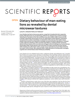 Dietary Behaviour of Man-Eating Lions As Revealed by Dental Microwear Textures Received: 29 November 2016 Larisa R