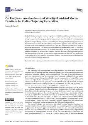 On Fast Jerk–, Acceleration– and Velocity–Restricted Motion Functions for Online Trajectory Generation