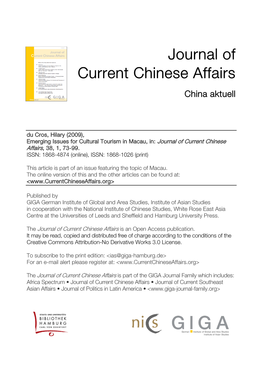 Emerging Issues for Cultural Tourism in Macau, In: Journal of Current Chinese Affairs, 38, 1, 73-99