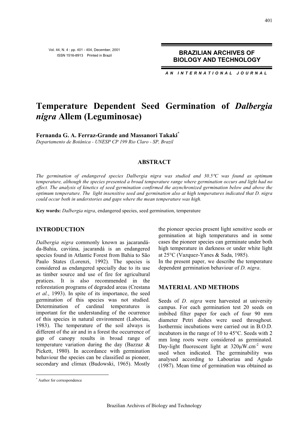 Temperature Dependent Seed Germination of Dalbergia Nigra Allem (Leguminosae)