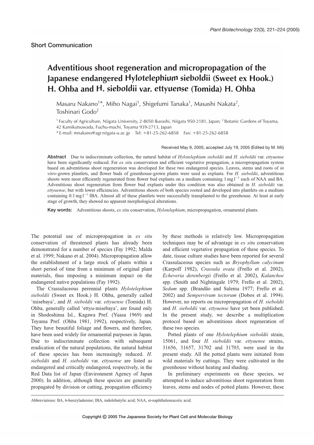 Adventitious Shoot Regeneration and Micropropagation of the Japanese Endangered Hylotelephium Sieboldii (Sweet Ex Hook.) H