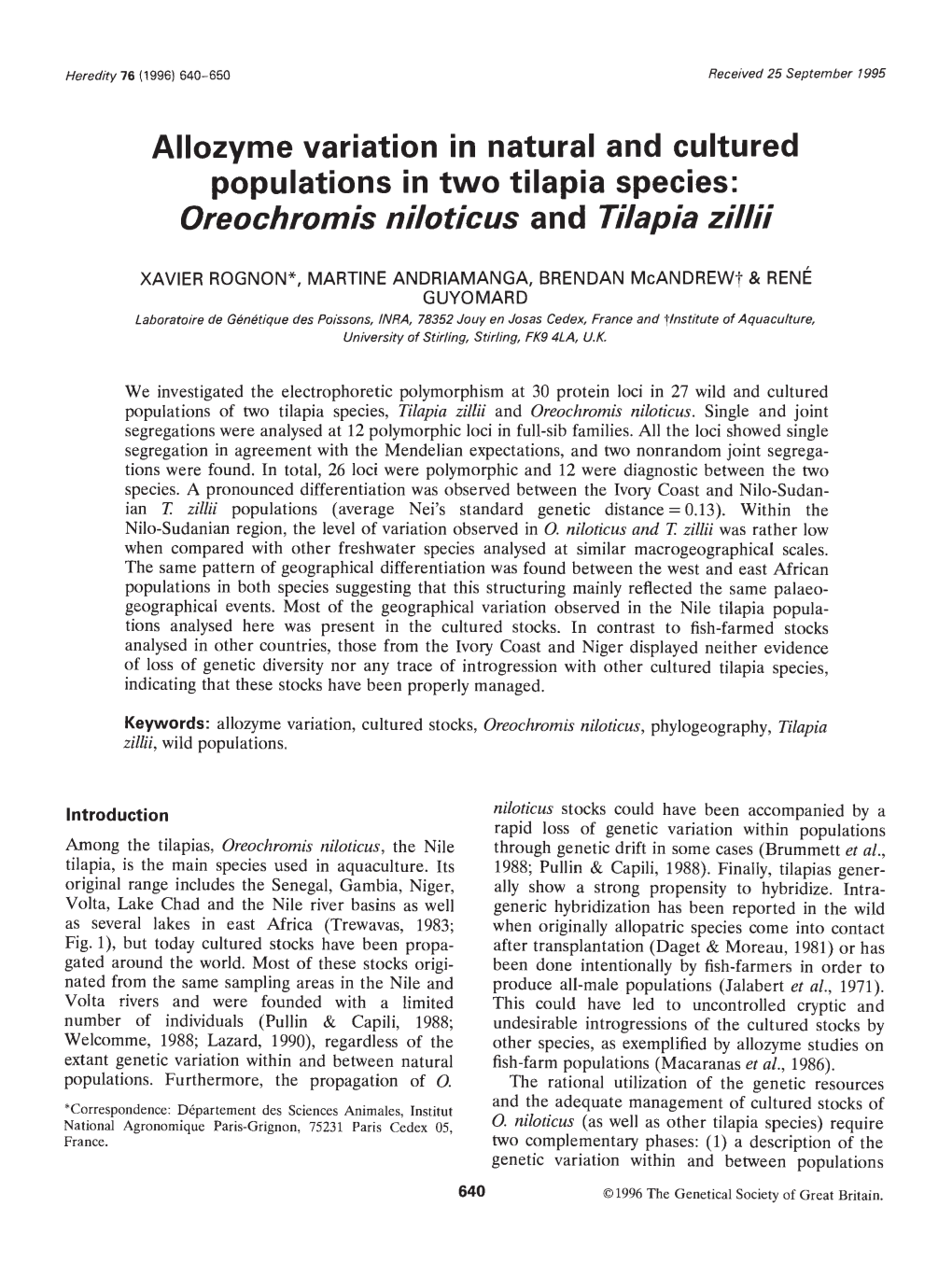 Allozyme Variation in Natural and Cultured Populations in Two Tilapia Species: Oreochromis Niloticus a N D Tilapia Zulu