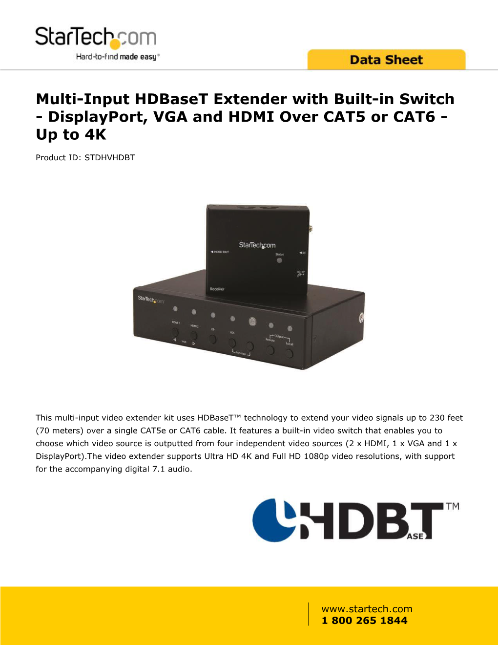 Hdbaset Extender with Built-In Switch - Displayport, VGA and HDMI Over CAT5 Or CAT6 - up to 4K
