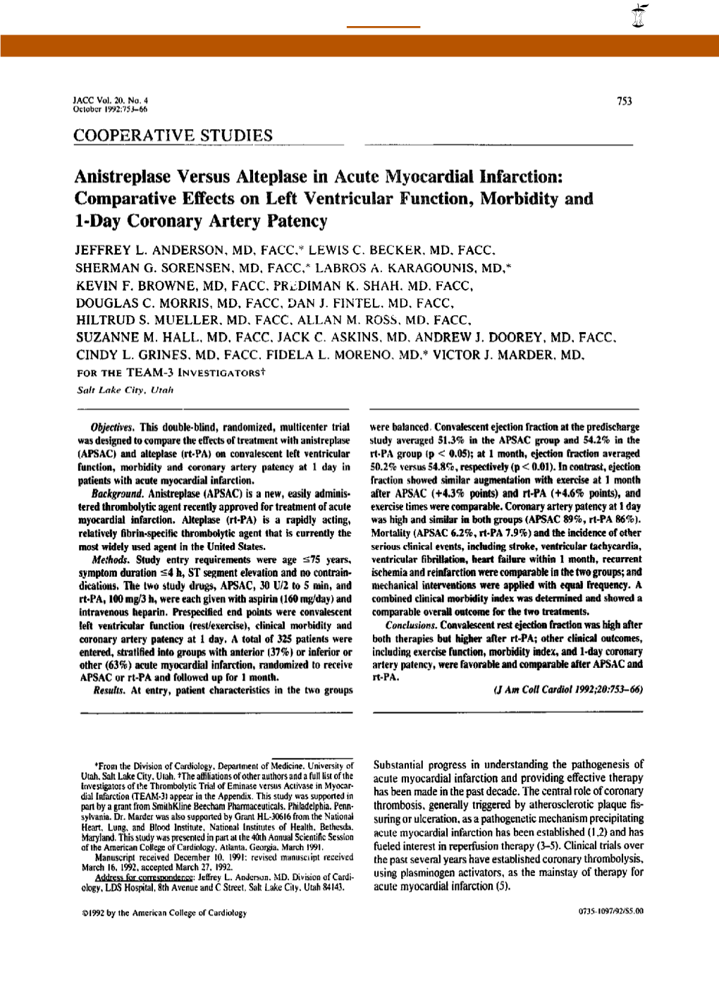 Anistreplase Versus Alteplase in Acute Myocardial Infarction: Comparative Effects on Left Ventricular Function, Morbidity and L-Day Coronary Artery Patency