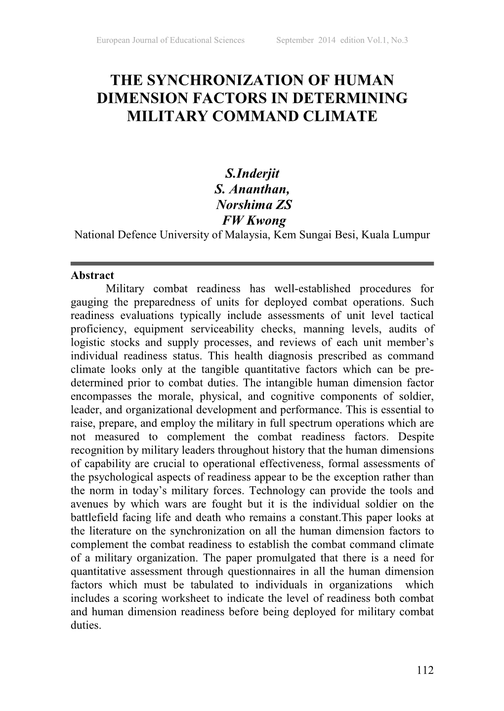 The Synchronization of Human Dimension Factors in Determining Military Command Climate