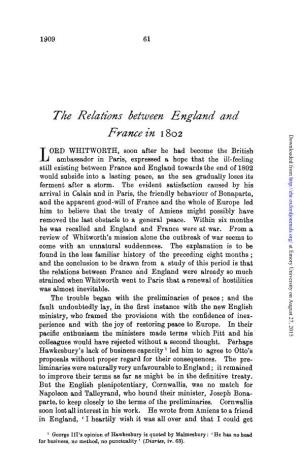 Tjie Relations Between England and France in 1802
