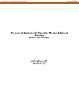 Problems of Democracy in Argentina: Alfonsín, Crisis and Elections Manuel ALCÁNTARA