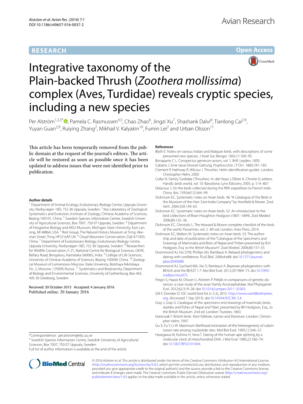 Zoothera Mollissima) Complex (Aves, Turdidae) Reveals Cryptic Species, Including a New Species Per Alström1,2,3* , Pamela C