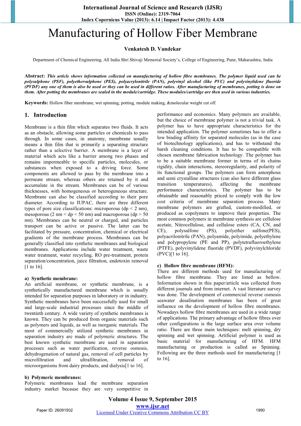 Manufacturing of Hollow Fiber Membrane