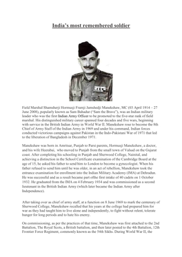 India's Most Remembered Soldier
