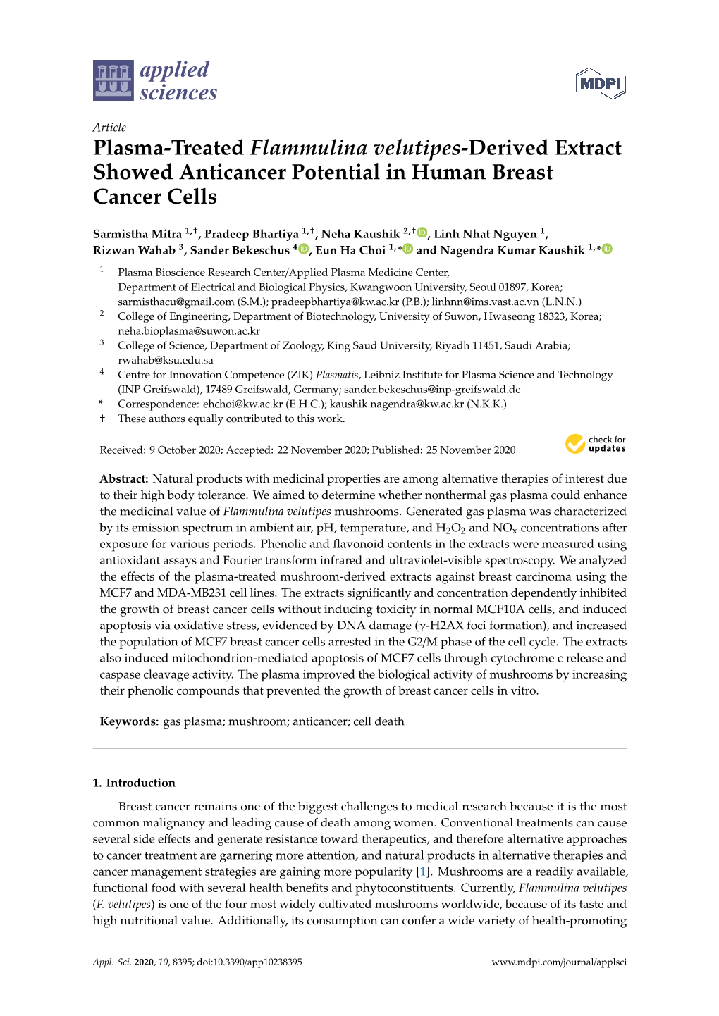 Plasma-Treated Flammulina Velutipes-Derived Extract Showed Anticancer Potential in Human Breast Cancer Cells