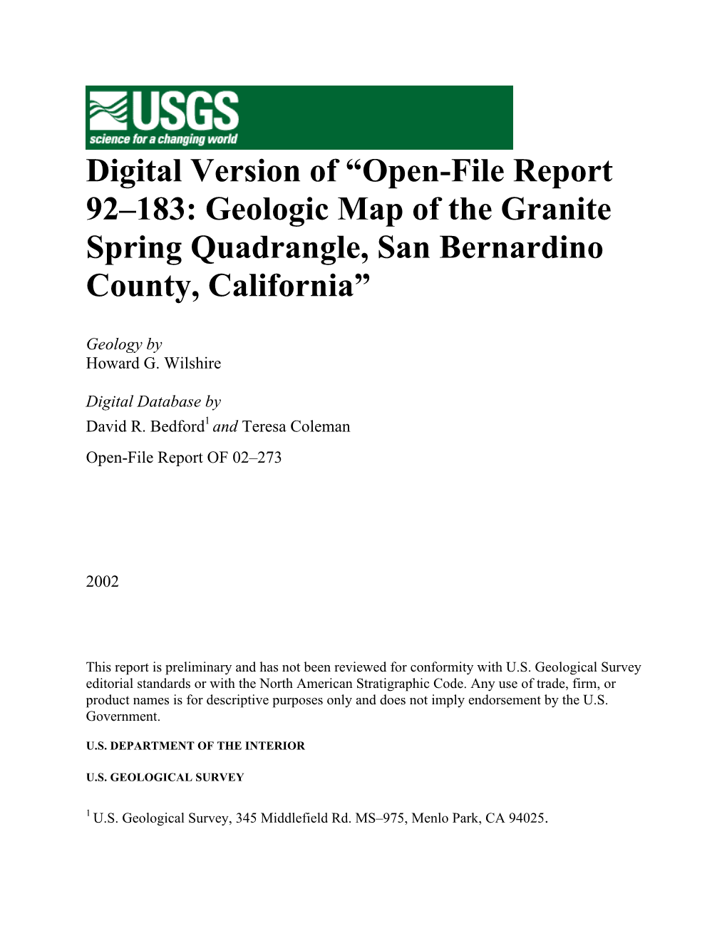 Report 92–183: Geologic Map of the Granite Spring Quadrangle, San Bernardino County, California”