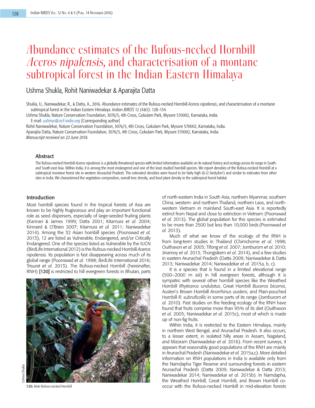 Abundance Estimates of the Rufous-Necked Hornbill Aceros Nipalensis, and Characterisation of a Montane Subtropical Forest In