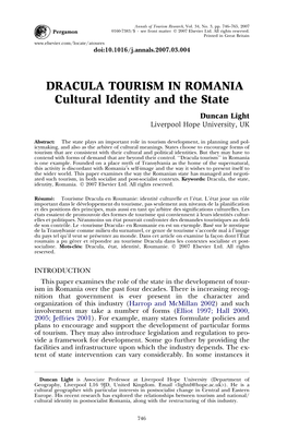 DRACULA TOURISM in ROMANIA Cultural Identity and the State Duncan Light Liverpool Hope University, UK